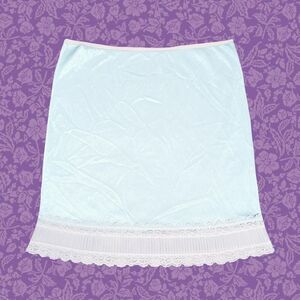 Vintage 60s/70s Light Blue Nylon Half Slip Skirt with White Lace Trim | Size 14